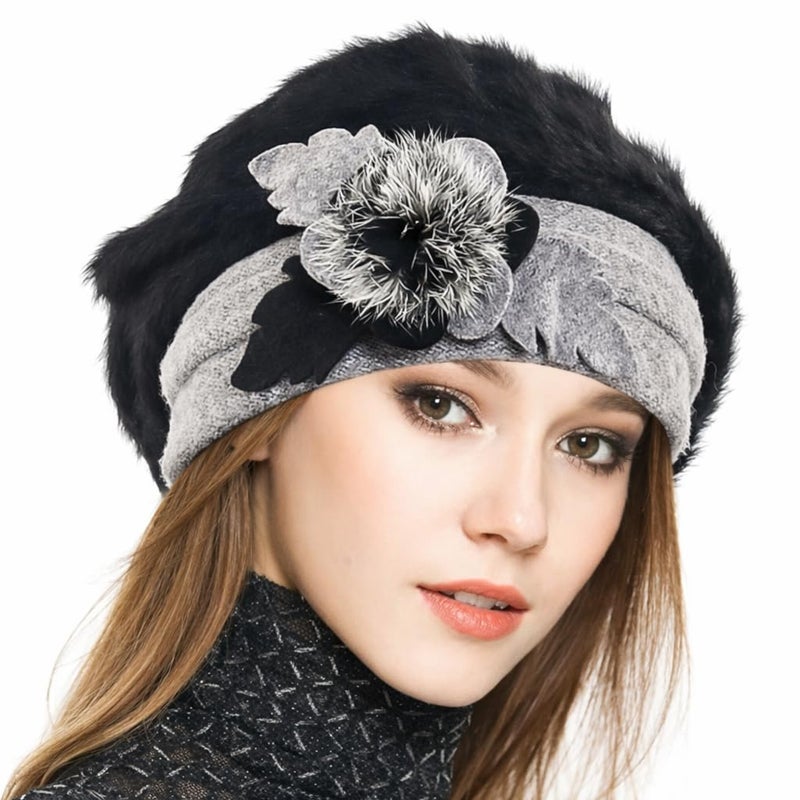 VECRY Lady French Beret 100% Wool Beret Floral Dress Beanie Winter Hat (Floral-Black) - Image 1