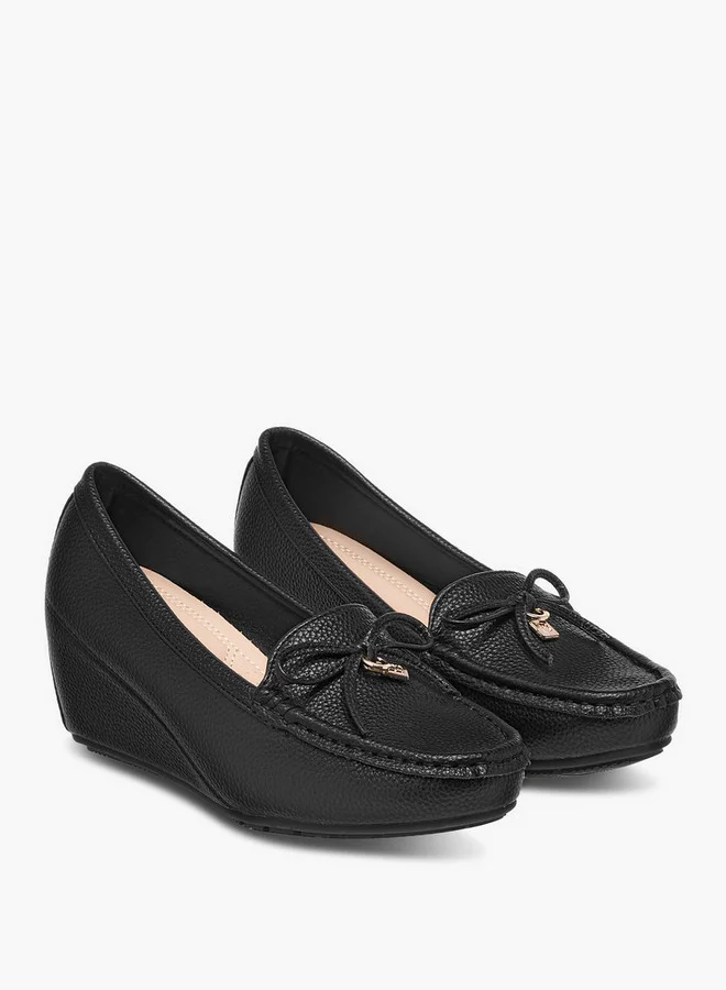 Flora Bella By Shoexpress Women's Monogram Print Wedge Comfort Shoes with Bow Detail