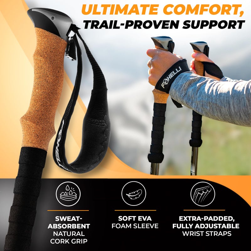 Foxelli Carbon Fiber Trekking Poles – Lightweight Collapsible & Shock-Absorbent Hiking Poles w/Cork Grips, Lever Locks & All Terrain Accessories - Image 4