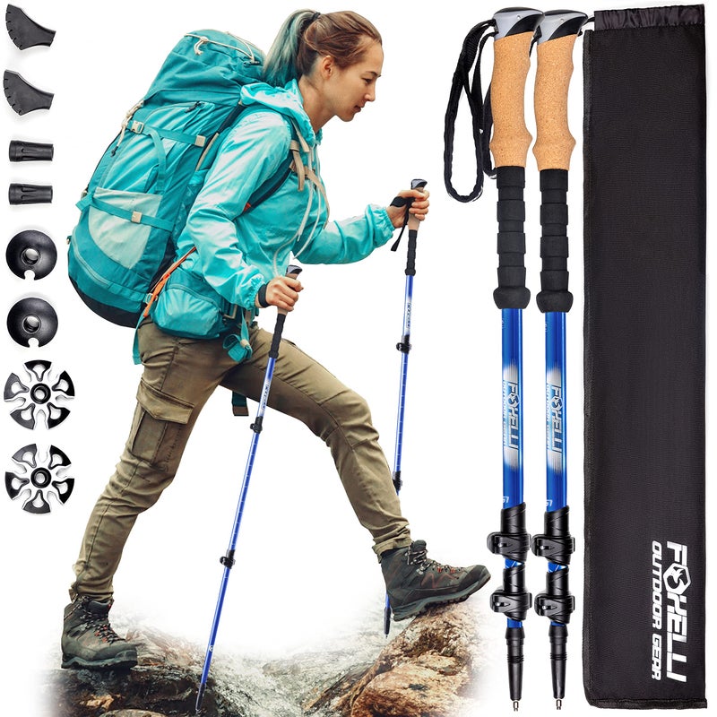 Foxelli Carbon Fiber Trekking Poles – Lightweight Collapsible & Shock-Absorbent Hiking Poles w/Cork Grips, Lever Locks & All Terrain Accessories - Image 1