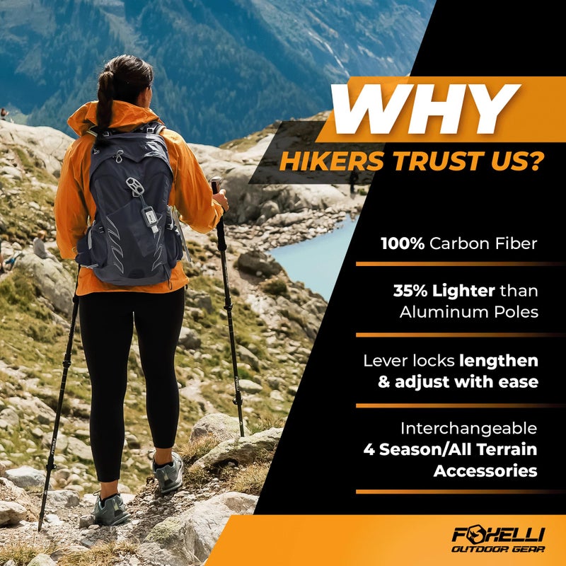 Foxelli Carbon Fiber Trekking Poles – Lightweight Collapsible & Shock-Absorbent Hiking Poles w/Cork Grips, Lever Locks & All Terrain Accessories - Image 2
