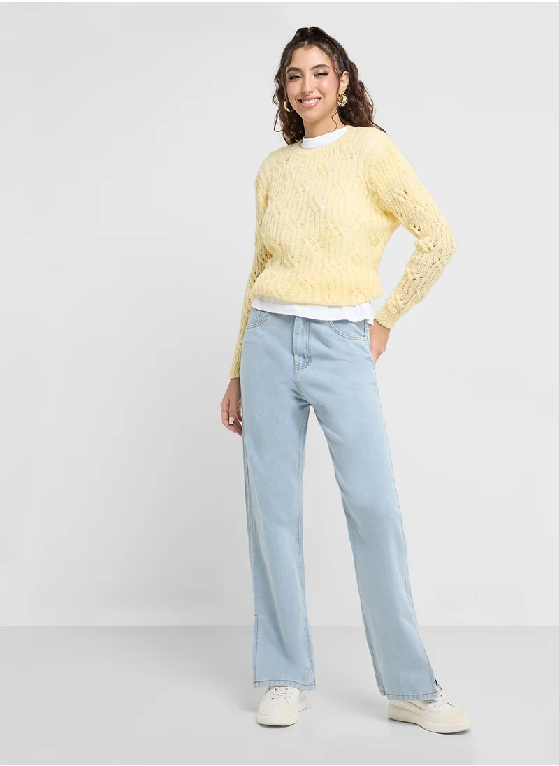جينجر Cable Knit Crew Neck Sweater