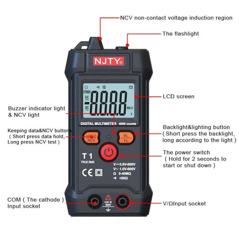 Black Digital Multimeter 4000 Counts Auto Ranging Voltmeter Tester NCV Voltage Continuity Resistance - Image 5