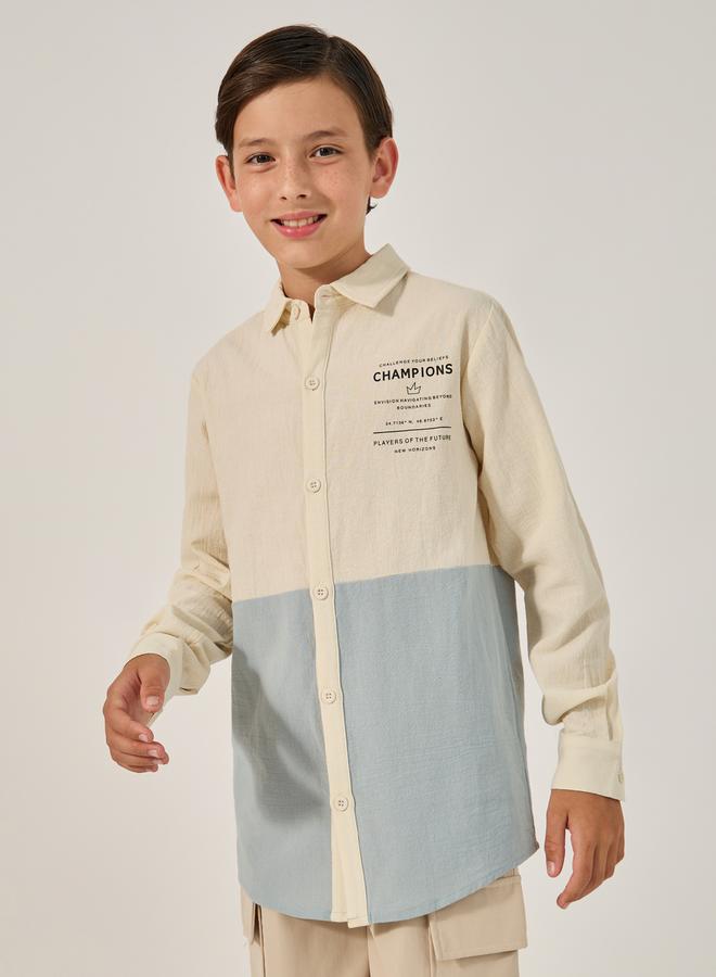 Styli Color Block Long Sleeve Collared Shirt  - Image 1