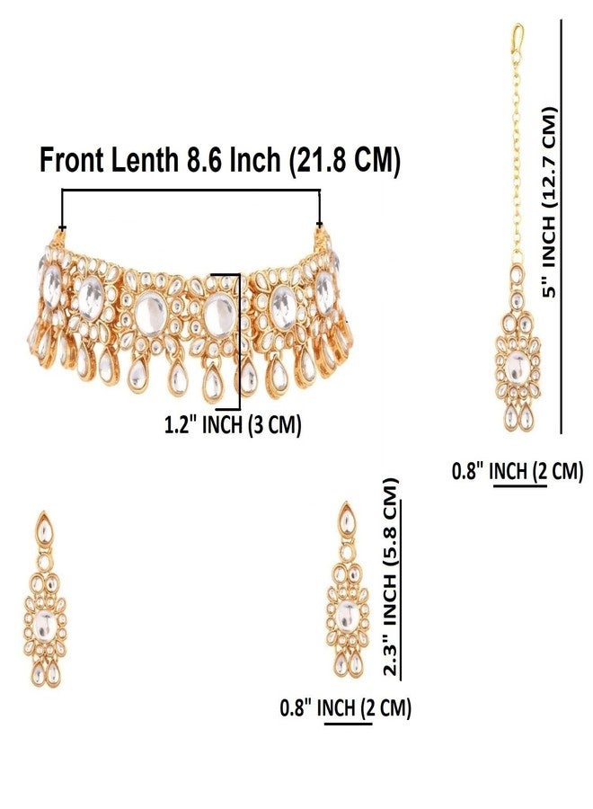 Efulgenz Kundan Set Indian Jewelry Sets for Women Bollywood Jewelry Kundan Choker Necklace Dangle Earrings Maang Tikka Head Chain Wedding Bridal Jewelry for Women - Image 4