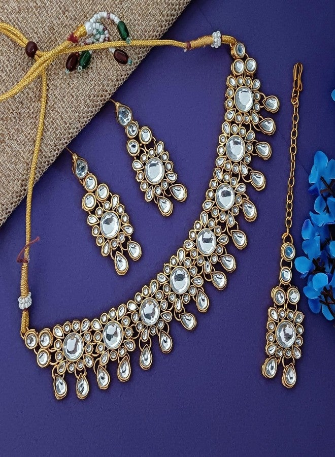 Efulgenz Kundan Set Indian Jewelry Sets for Women Bollywood Jewelry Kundan Choker Necklace Dangle Earrings Maang Tikka Head Chain Wedding Bridal Jewelry for Women - Image 2