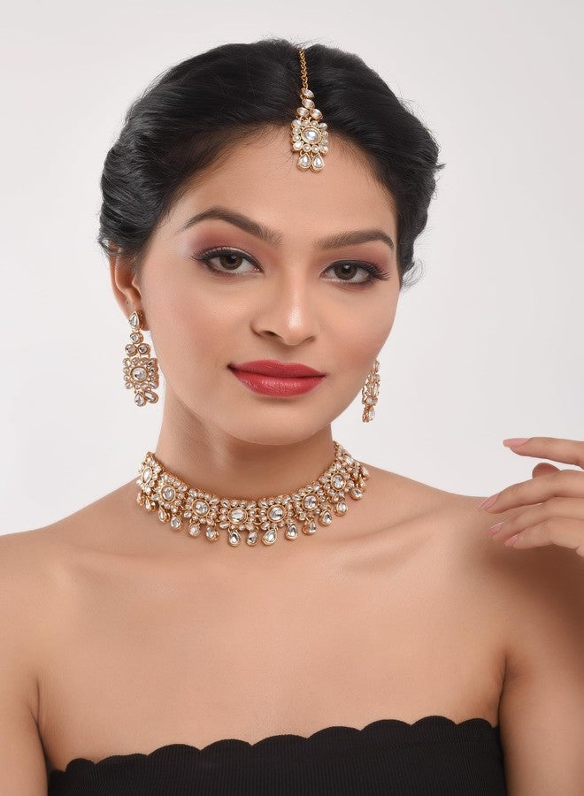 Efulgenz Kundan Set Indian Jewelry Sets for Women Bollywood Jewelry Kundan Choker Necklace Dangle Earrings Maang Tikka Head Chain Wedding Bridal Jewelry for Women - Image 3