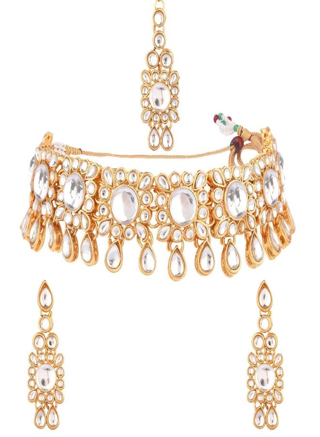 Efulgenz Kundan Set Indian Jewelry Sets for Women Bollywood Jewelry Kundan Choker Necklace Dangle Earrings Maang Tikka Head Chain Wedding Bridal Jewelry for Women - Image 1