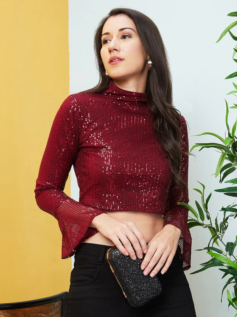 globus Women Sequinned Stripes Party Crop Top