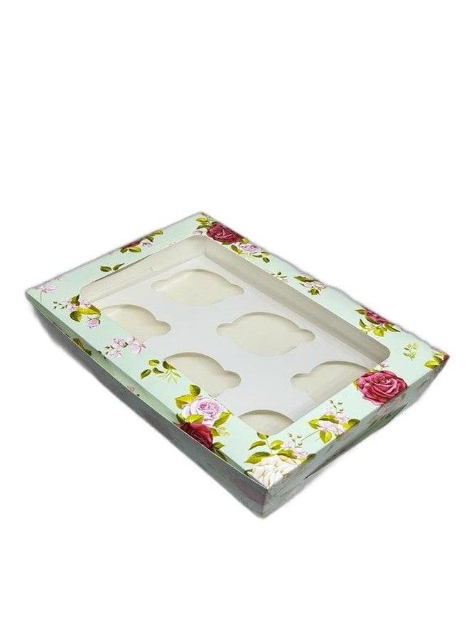Baekence Cupcake boxes for packaging 6 Green Flower Print Color, Pack of 40 pcs - Image 1