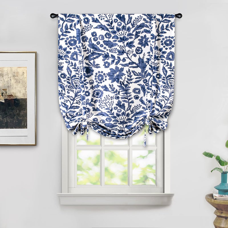 DriftAway Julia Watercolor Blooming Flower Floral Tie Up Curtain Thermal Insulated Blackout Window Adjustable Balloon Curtain Shade for Small Window Rod Pocket Single 25 Inch by 47 Inch Navy