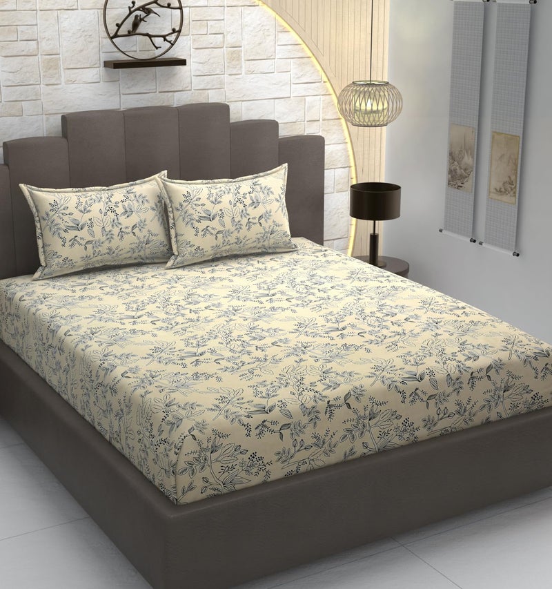 TIB Glace Cotton Elastic Fitted Bedsheets Double Bed 72x78x8 Inches with 2 Pillow Covers, 210TC (Cream Flower, Double) - Image 1