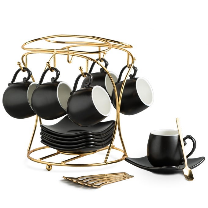 ESPRESSO CUPS WITH SAUCERS SET 3 OUNCES PORCELAIN COFFEE CUPS WITH METAL STAND AND SPOONS CAPPUCCINO CUPS CUTE DEMITASSE CUPS FOR COFFEE DRINKS LATTE TEA SET OF 6 BLACK