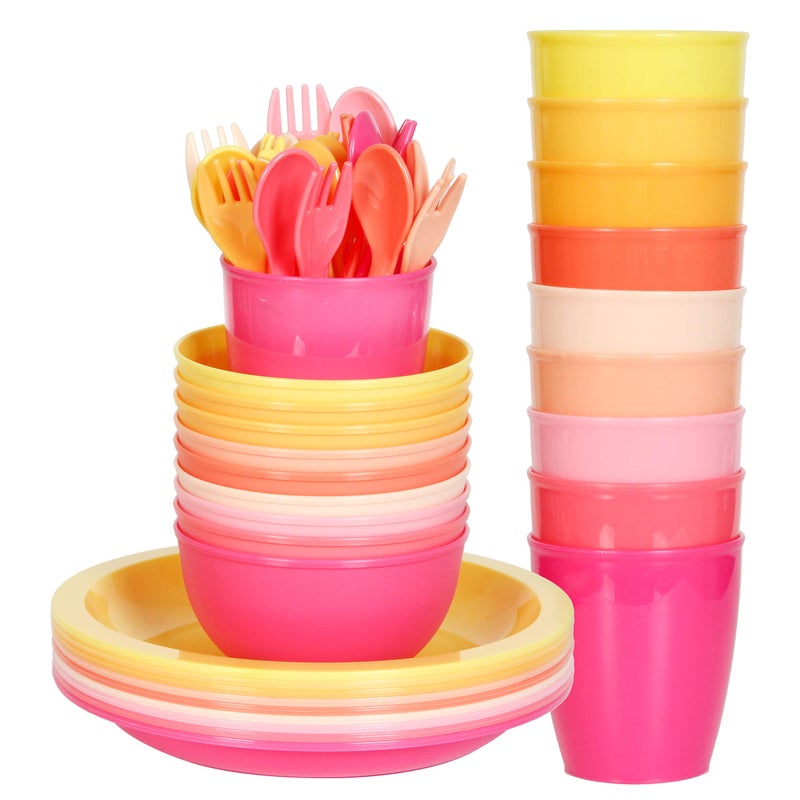 Youngever Youngever 54 pcs Plastic Kids Dinnerware Set of 9 in 9 Peach Colors Toddler Safe Microwave Safe Dishwasher Safe Durable and Reusable 