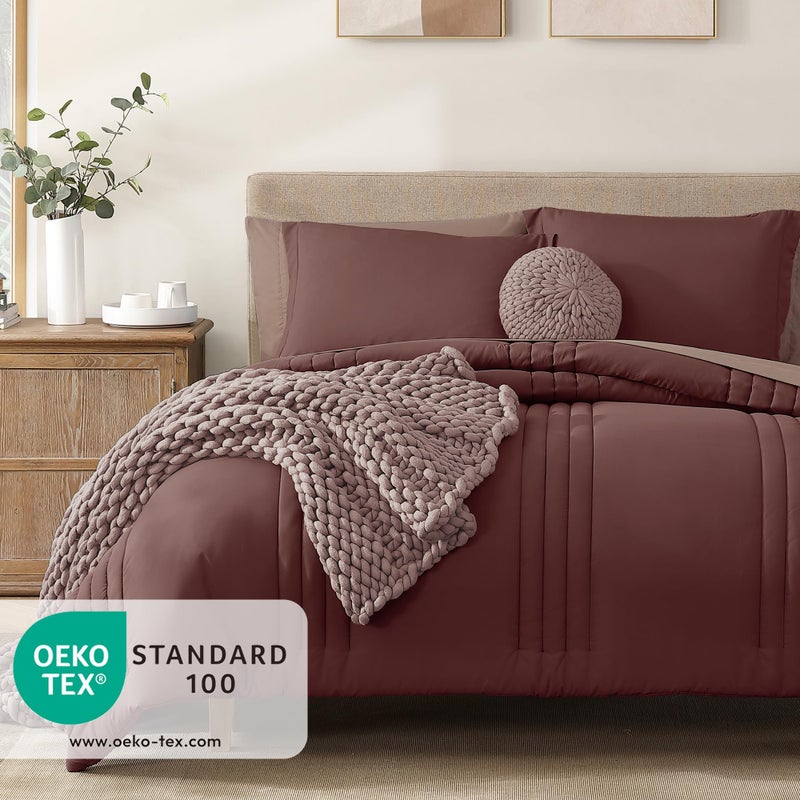Monbix King Size Comforter Set - 7 Pieces Bed in a Bag King, Dark Red Bedding Sets with Comforter, All Seasons Comforter Bed Set with Sheets, Pillowcases & Shams - Image 3