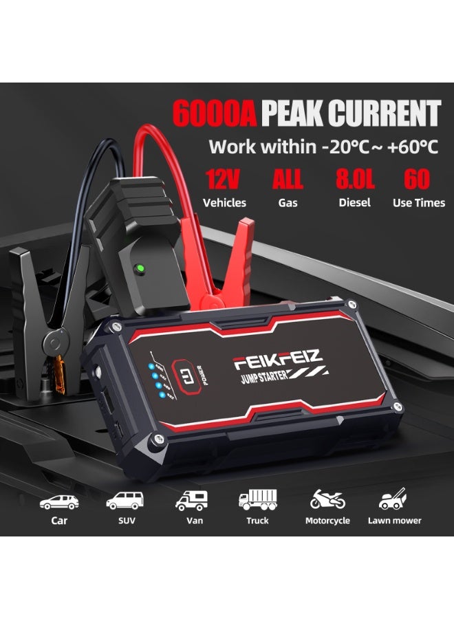 FEIKFEIZ 3-in-1 Portable Car Jump Starter 6000A Peak 26800mAh, Supports All Gasoline/8.0L Diesel Vehicles, 12V Battery Jumper Starter with USB Charge Output Port, Smart Jumper Cables, LED Flashlight, Storage Box. - Image 2