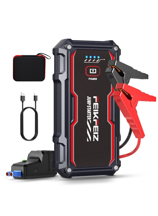 FEIKFEIZ 3-in-1 Portable Car Jump Starter 6000A Peak 26800mAh, Supports All Gasoline/8.0L Diesel Vehicles, 12V Battery Jumper Starter with USB Charge Output Port, Smart Jumper Cables, LED Flashlight, Storage Box. - Image 1