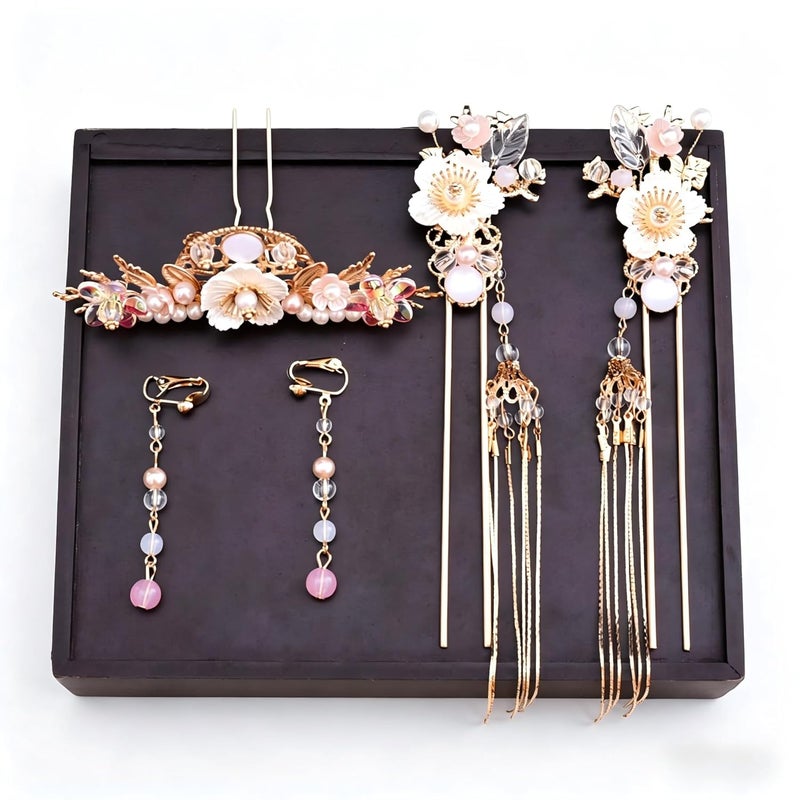 Hanfu Hair Accessories Set - Traditional Chinese Comb, Hairpin, Tassel Earrings, Vintage Floral Bridal Headpiece, for Cosplay, Wedding, Party