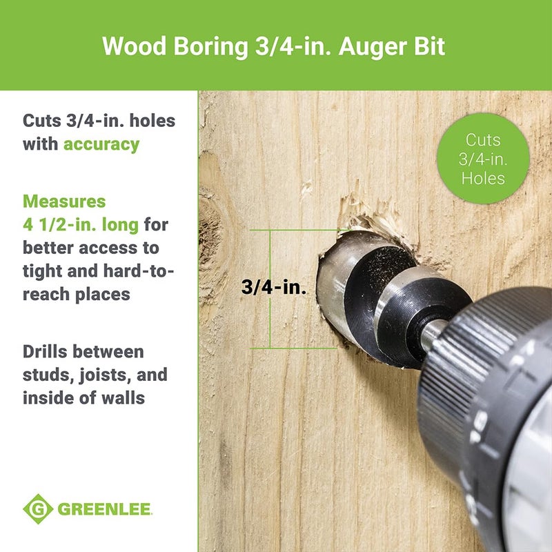 Greenlee 60A-3/4 Quick Change Wood Boring Stubby Auger Bit with 1/4" Quick Connect Attachment, Wood Boring Auger Drill Bit with Self-Feeding Screw Point - Image 3