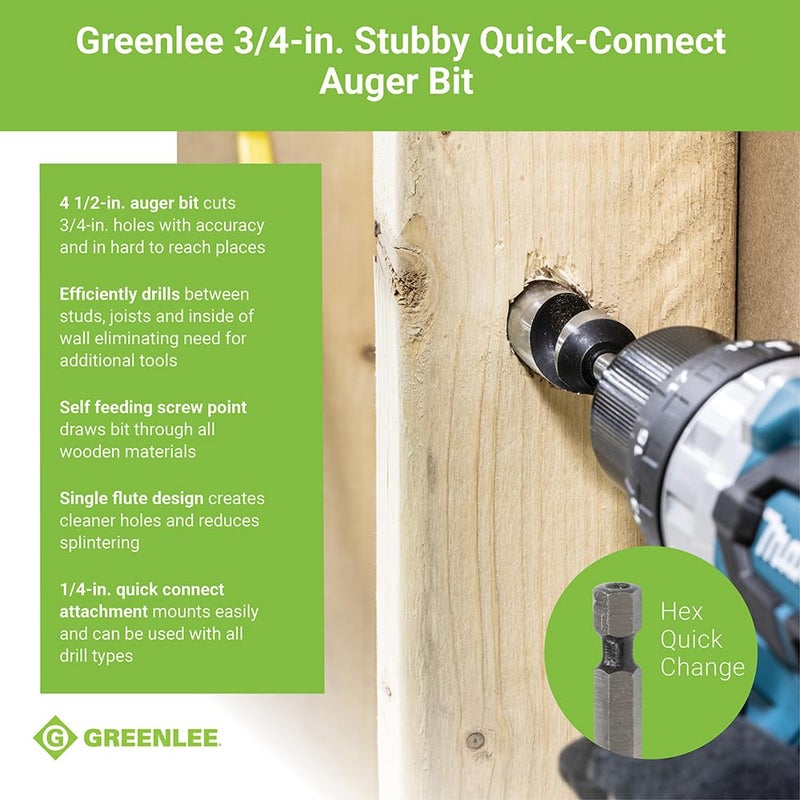Greenlee 60A-3/4 Quick Change Wood Boring Stubby Auger Bit with 1/4" Quick Connect Attachment, Wood Boring Auger Drill Bit with Self-Feeding Screw Point - Image 2