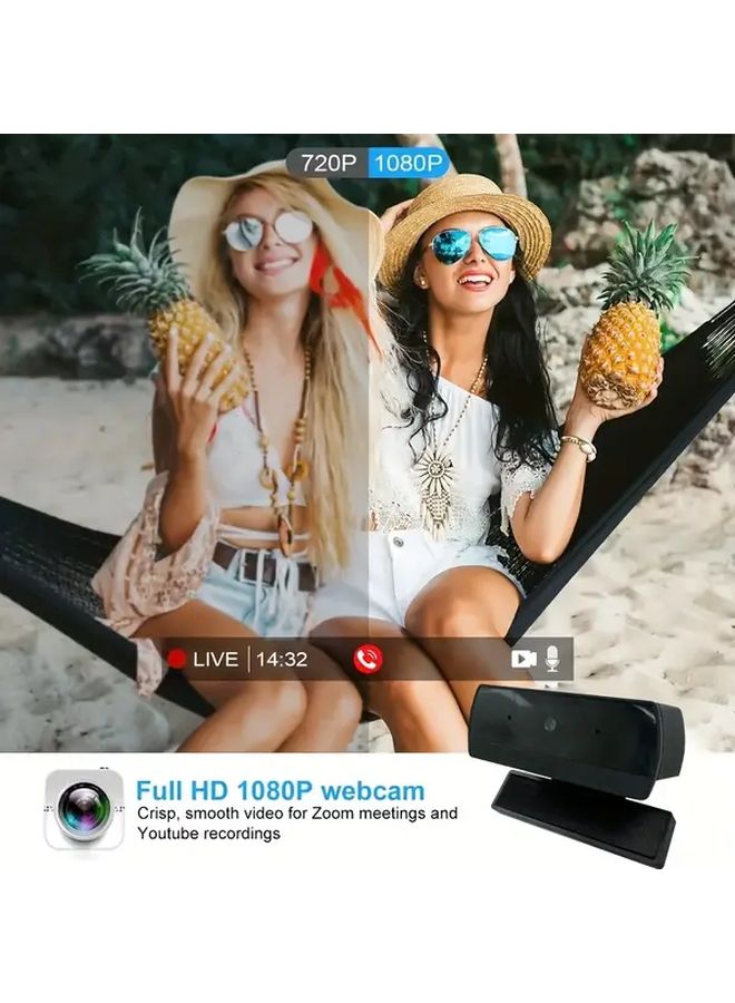 كاميرا ويب سوداء بدقة 1080 بكسل عالية الوضوح 30 إطارًا في الثانية قابلة للدوران بزاوية 360 درجة مع إمالة بانورامية لأجهزة الكمبيوتر المحمولة والبث المباشر - Image 5