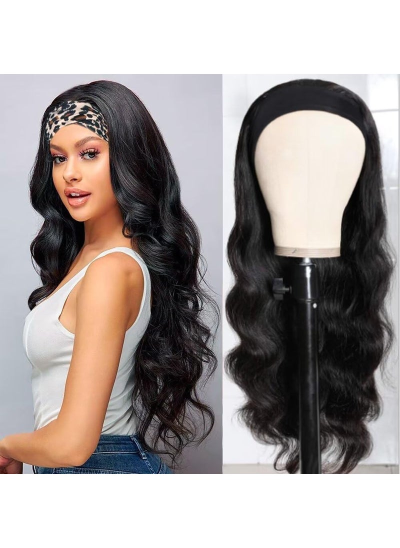 Auflaund - Body Wave Headband Wig for African American Black Women Natural Synthetic Heat Resistant Black Hair Band Curly Wigs 24 Inch with Free Headbands - Image 1