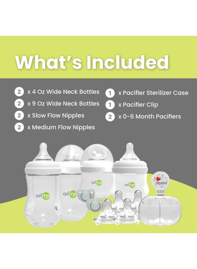 AVIMA Baby Wide Neck Bottle Starter Kit – 12 Piece Set. Anti Colic Feeding Set w/ 4 oz & 9 oz Baby Bottles, Slow & Medium Flow & Pacifiers, BPA Free - Image 2