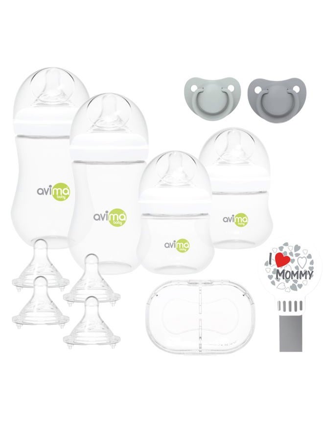 AVIMA Baby Wide Neck Bottle Starter Kit – 12 Piece Set. Anti Colic Feeding Set w/ 4 oz & 9 oz Baby Bottles, Slow & Medium Flow & Pacifiers, BPA Free - Image 1
