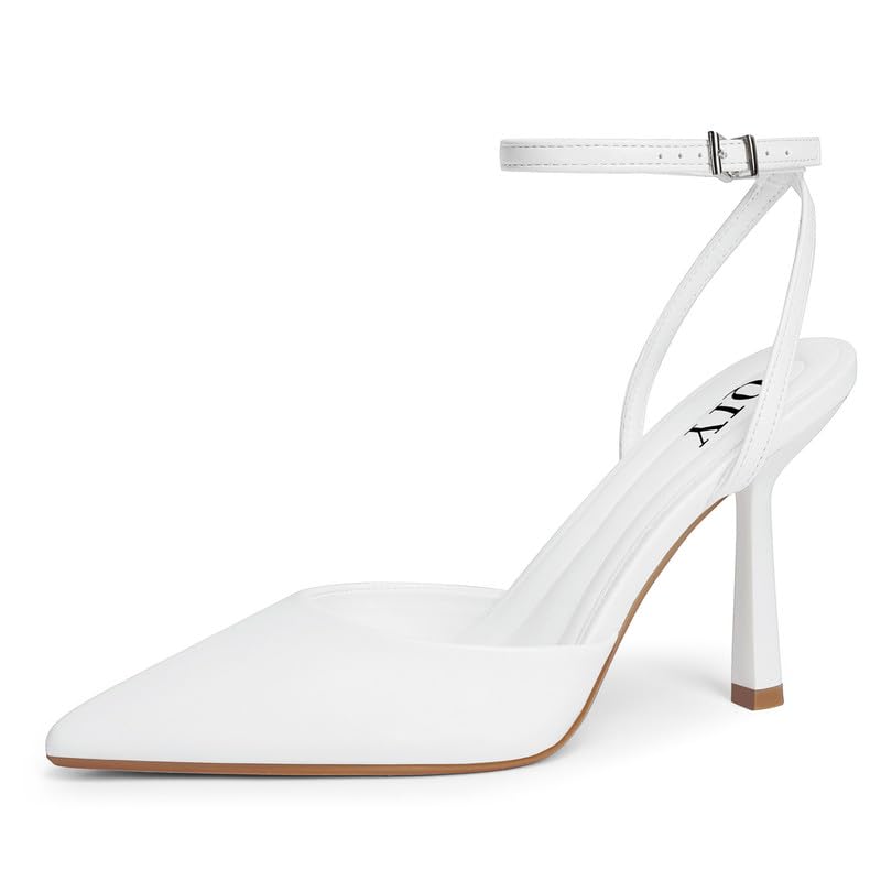 QIY Slingback Heels for Women Formal Dress Heel Closed Toe Heels White Pumps Pointed Toe Pointy Bridal Wedding Shoes Ankle Strap Stiletto Strappy High Heel Size 6 - Image 1
