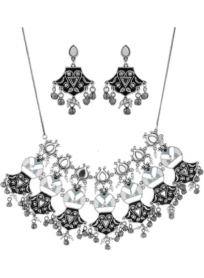 VOYLLA VOYLLA Festive Hues Enamelled Mirror Work Brass Oxidised Plated Jewellery Set