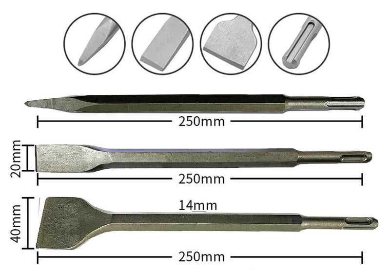 SDS-Plus Chisel Set, 3-Piece, 14x250, 14x250x20, 14x250x40mm Universal Chisels for Flat, Tile and Point Applications