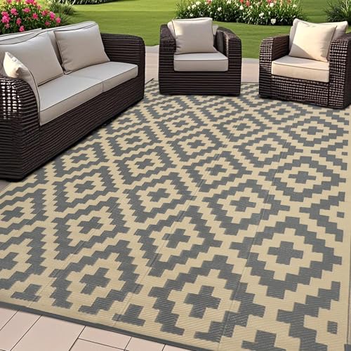 SAND MINE 6 x 9 Ft Reversible Mats Plastic Straw Rug Modern Area Rug Large Floor Mat and Rug for Outdoors RV Patio Backyard Deck Picnic Beach Trailer Camping Grey Tan - Image 1