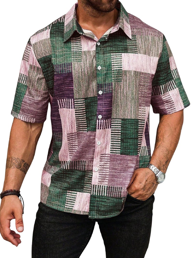 Lymio Mens Clothing Cotton Regular Fit Patchwork Printed Casual Shirt Purple (Turkys-Purple-2XL) - Image 1