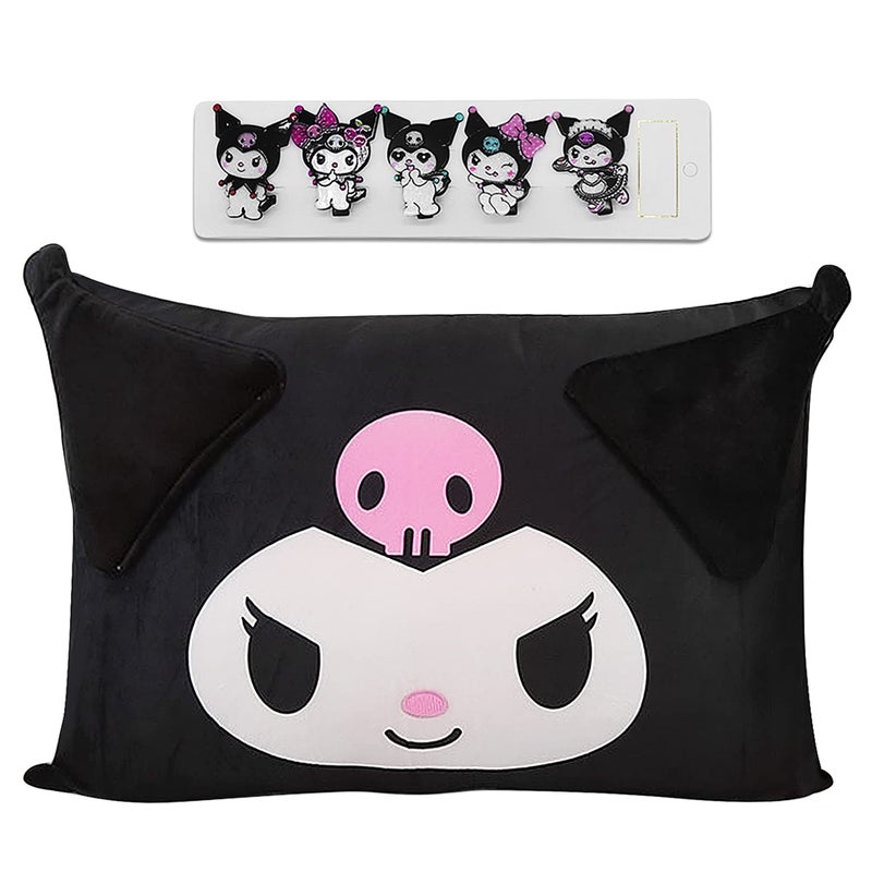 Shuyun Cartoon Cute Pillowcase Anime Double Sided Plush Pillowslip Girl Bedroom Decoration Kawaii Cotton Pillowcase + Cute Hairpin (Black) - Image 1