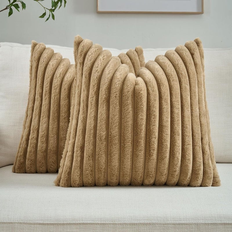 FUTEI Camel Striped Decorative Throw Pillow Covers 22x22 Inch Set of 2,Square Spring Decorations Couch Pillow Case,Soft Cozy Faux Rabbit Fur & Velvet Back,Modern Home Decor for Bed - Image 1