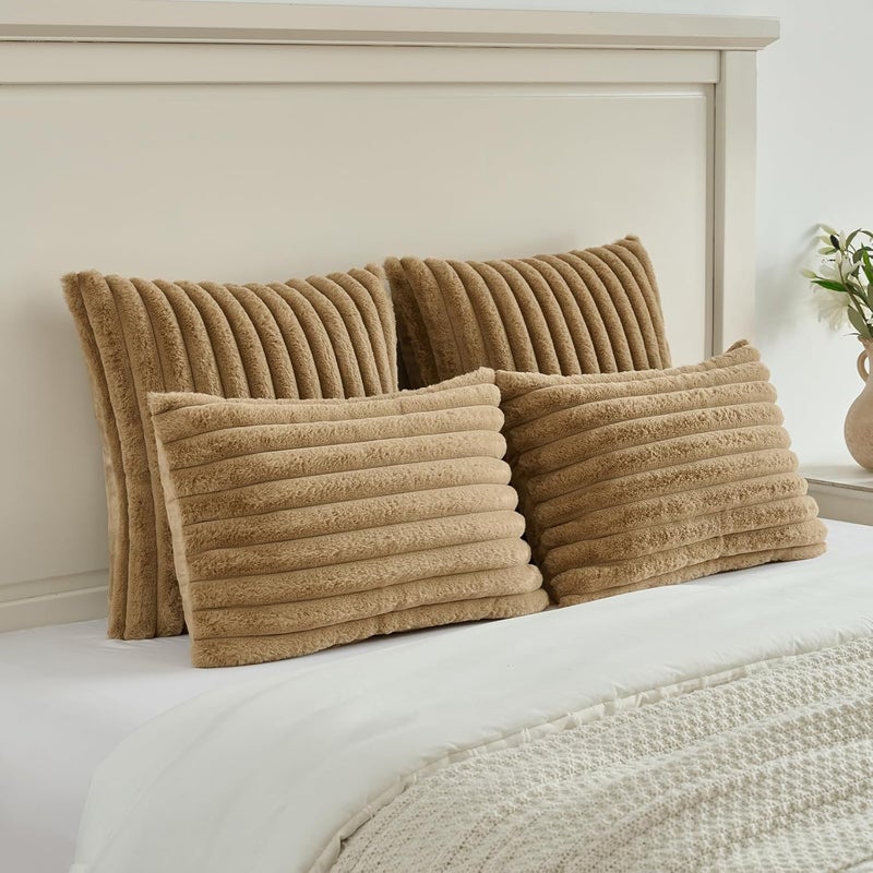FUTEI Camel Striped Decorative Throw Pillow Covers 22x22 Inch Set of 2,Square Spring Decorations Couch Pillow Case,Soft Cozy Faux Rabbit Fur & Velvet Back,Modern Home Decor for Bed - Image 5