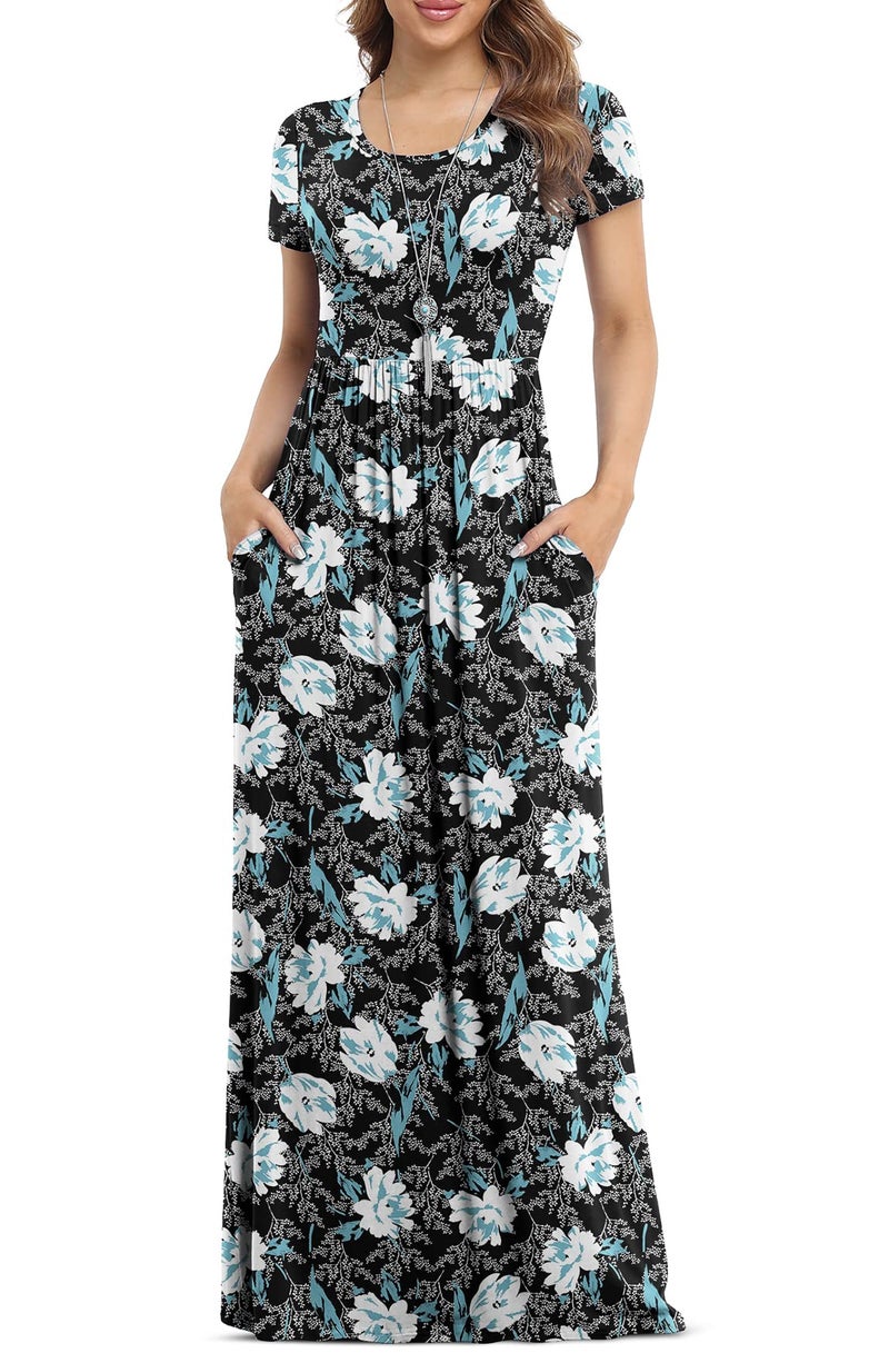 VIISHOW Women's Short Sleeve Floral Dress Loose Plain Maxi Dresses Casual Long Dresses with Pockets, Floral Lilies, Small - Image 1