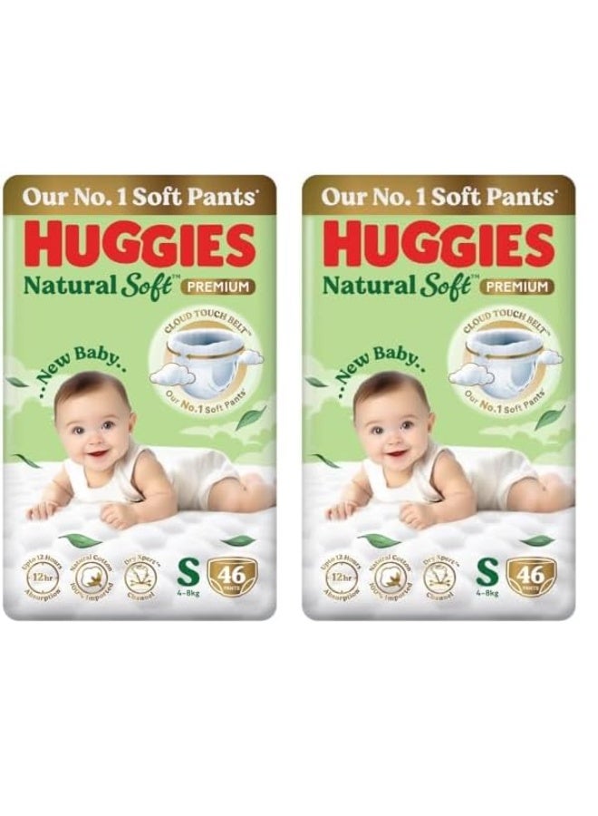 Huggies Natural Soft Premium Baby Diaper Pants, Our No.1 Soft Pants, Small (S) Size (4-8 Kgs), Pack of 46*2 diapers | Cloud Softness All over with India's 1st Cloud Touch Belt