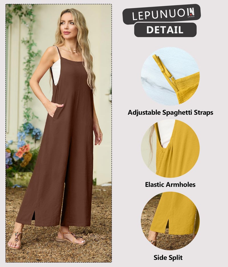 Lepunuo Womens Jumpsuits Casual Overalls Women Boho Rompers for Curvy Women Summer Grils Wide Leg Jumpsuit with Pockets - Image 2