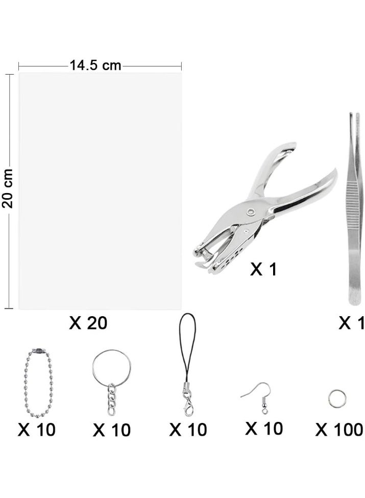 Benvo 157 Pcs Heat Shrink Plastic Sheet Kit Shrinky Art Film Paper 20 Pcs with 135 Pcs Keychains Accessory Ear Hooks Chain Beads Lobster Clasps and Hole Punch, Tweezer for Creative DIY Handmade Craft - Image 2