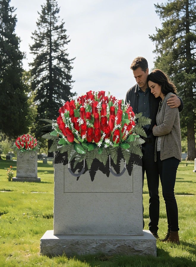 Wocst Artificial Cemetery Flowers for Grave Headstone Flower Saddle Realistic Grave Rose Flowers Memorial Flowers for Cemetery (Red) - Image 2