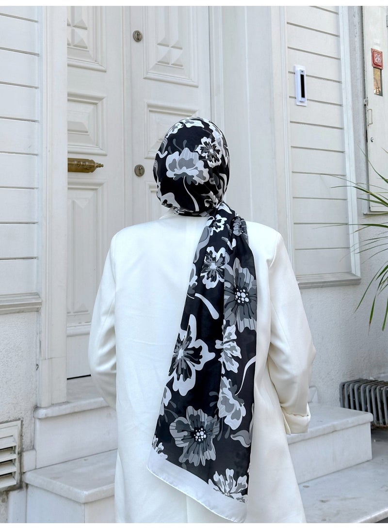 Soft White & Black Women Shawl – Nature Freesia 3038-06 - Image 3