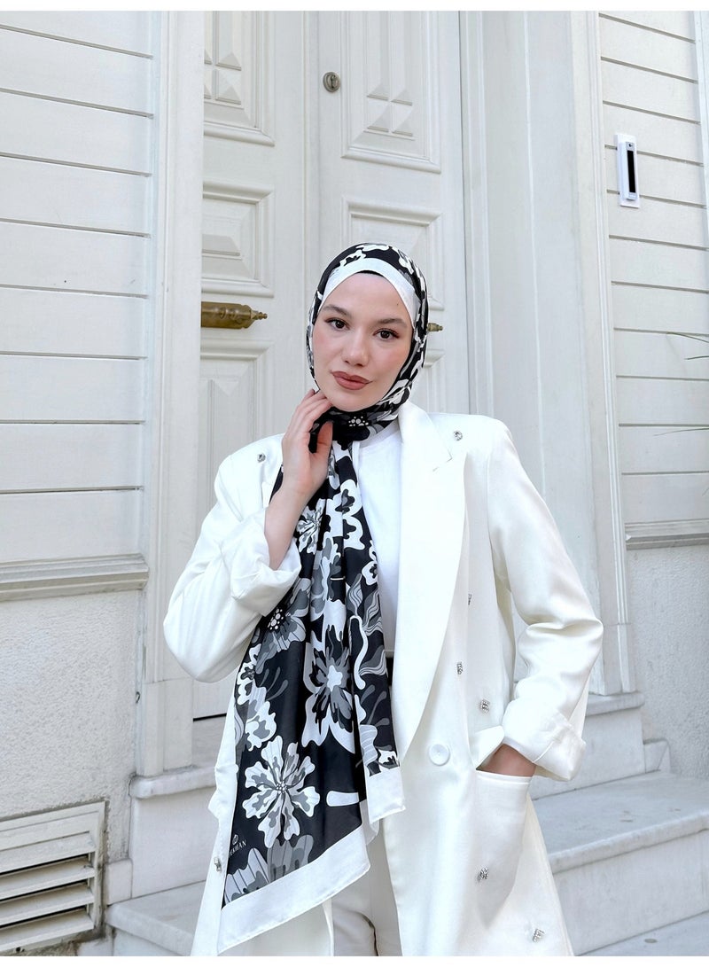 Soft White & Black Women Shawl – Nature Freesia 3038-06 - Image 2