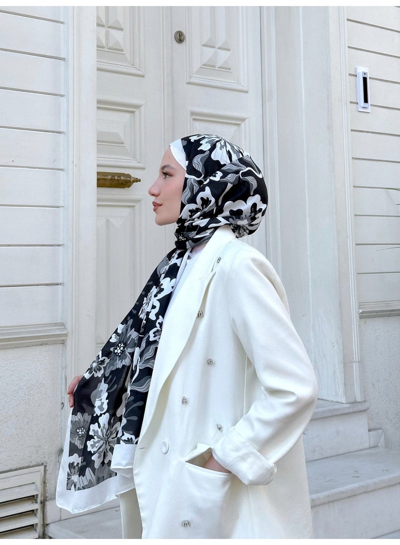 Soft White & Black Women Shawl – Nature Freesia 3038-06 - Image 1