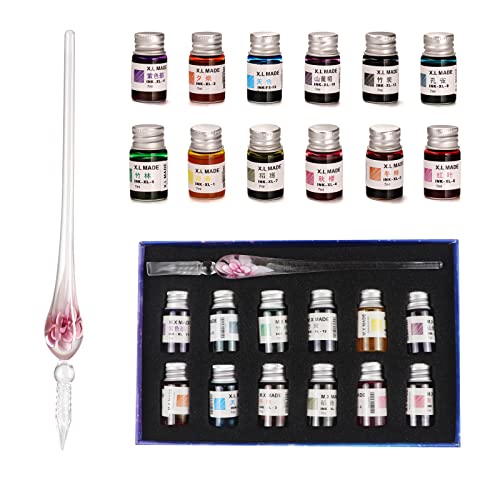 AOKUY Glass Pen Set Calligraphy Dip Pens,12 Colorful Inks,Caligraphy Sets for Art, Writing, Signature, Decoration, Gift - Image 1