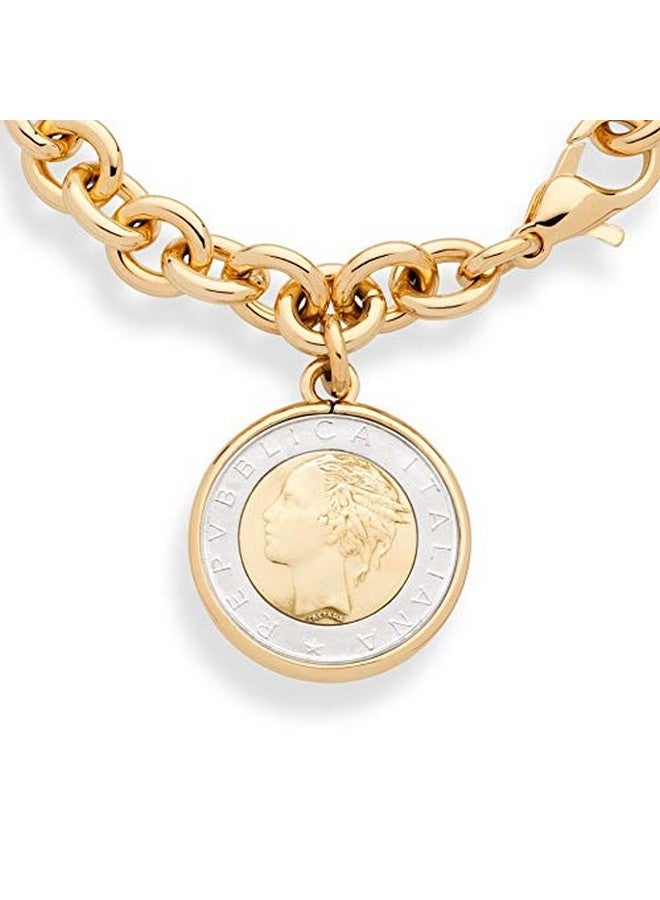 Miabella 18K Gold over Bronze Italian Genuine 500-Lira Coin Charm Rolo Link Chain Bracelet for Women Made in Italy - Image 2