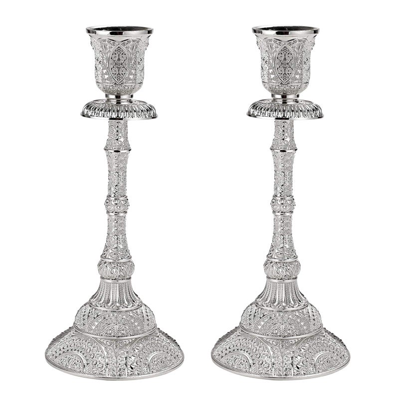 مجموعة OwnMy من 2 حاملات شموع مدببة معدنية عتيقة 74 حاملات شموع برونزية أنيقة مجموعة ديكور لشموع الطاولة لمركز الزينة في حفلات الزفاف وزينة المنزل فضي