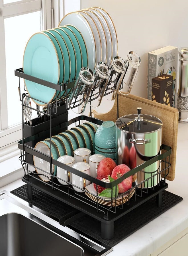 Dish Drainer Rack, 2 Tier Dish Drainer with Drip Tray and Drainer Mat, Stainless Steel Dish Rack with Utensil Holder, Swivel Spout, Draining Board for Kitchen Counter, Black - Image 1