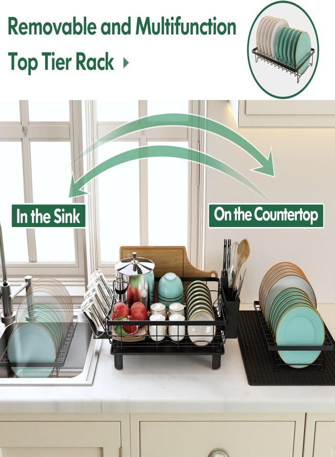 Dish Drainer Rack, 2 Tier Dish Drainer with Drip Tray and Drainer Mat, Stainless Steel Dish Rack with Utensil Holder, Swivel Spout, Draining Board for Kitchen Counter, Black - Image 2