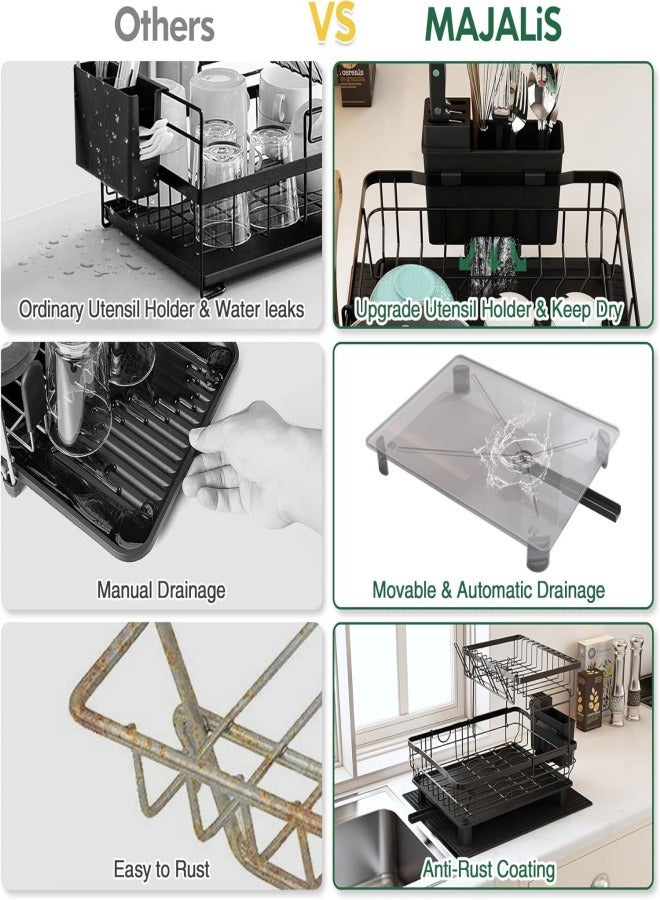 Dish Drainer Rack, 2 Tier Dish Drainer with Drip Tray and Drainer Mat, Stainless Steel Dish Rack with Utensil Holder, Swivel Spout, Draining Board for Kitchen Counter, Black - Image 3